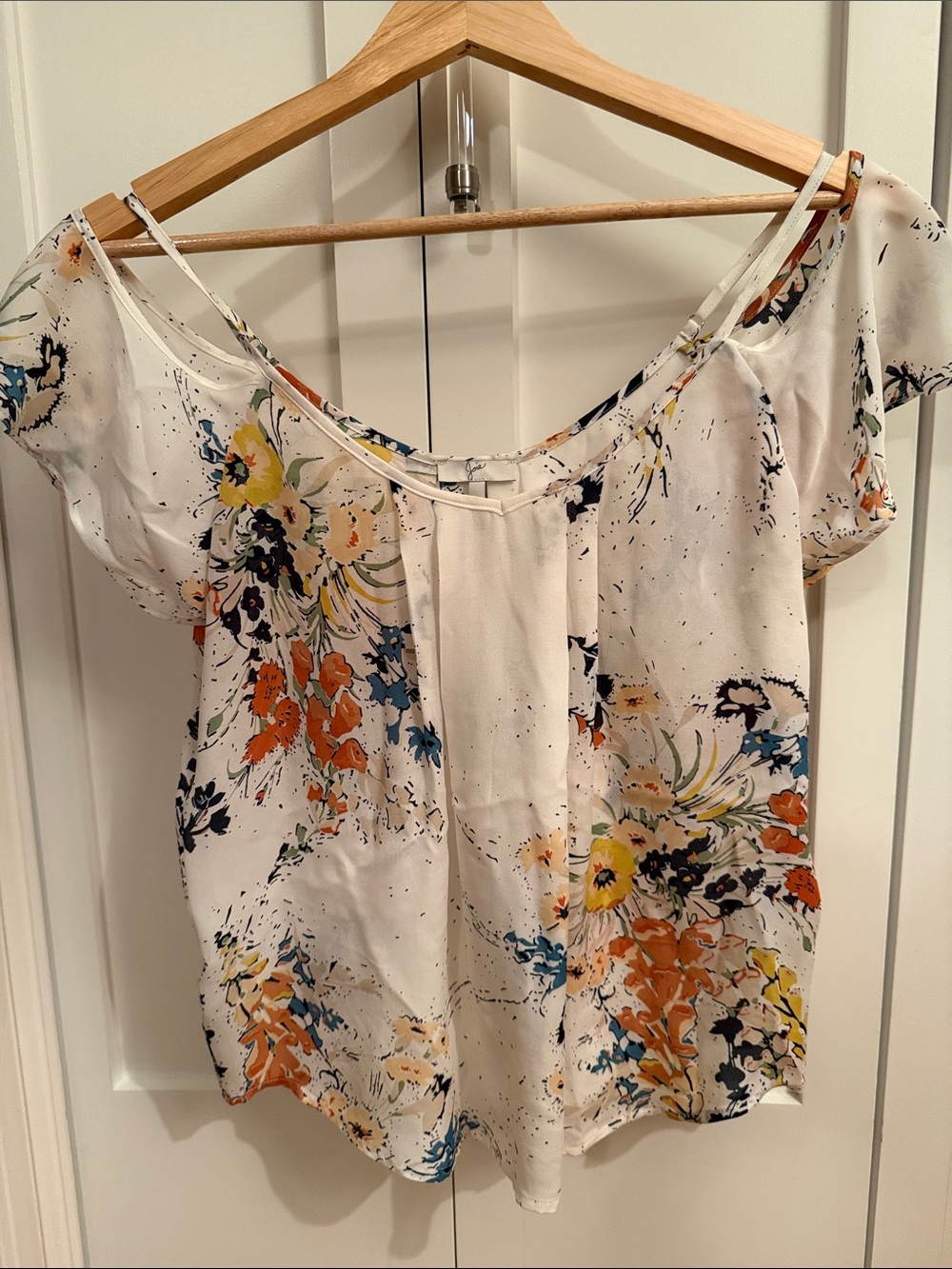Joie Floral Off-Shoulder Women's Blouse - White with Orange & Blue Print